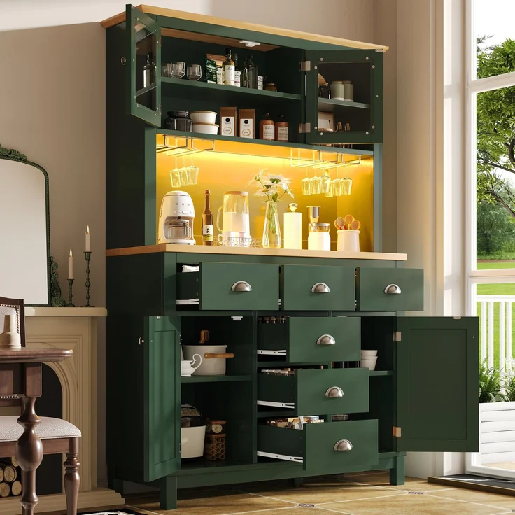 Seitenboard / Aufbewahrungsschrank / Küchenschrank / Buffetschrank, 104x40x180cm, Landhausstil, 4 Türen, mit LED-Lichtleiste & Getränkehaltern, Grün/Weiß--Grün--104x40x180cm--YOUDENOVA – Bild 5