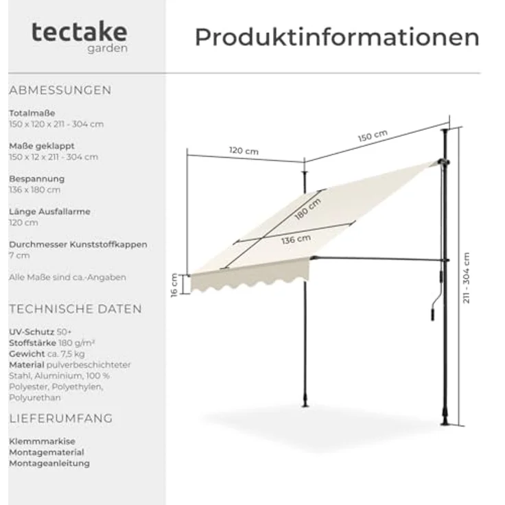 tectake® Klemmmarkise mit Handkurbel, Balkon Markise ohne Bohren, Markise höhenverstellbar, UV-beständig, wasserabweisend, Terrassenüberdachung, Sonnenschutz Terrasse & Balkon, Breite 150 cm - beige – Bild 7