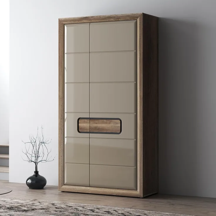FORTE TIZANO Kleiderschrank 110, Schrank mit Hochglanzfronten, Zwei Drehtüren und Einlegeböden, Holzwerkstoff, Eiche Antik/Beige Glanz, 108,8 cm breit, 203,4 cm hoch, 54,2 cm tief