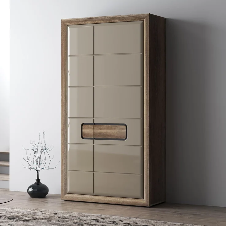 FORTE TIZANO Kleiderschrank 110, Schrank mit Hochglanzfronten, Zwei Drehtüren und Einlegeböden, Holzwerkstoff, Eiche Antik/Beige Glanz, 108,8 cm breit, 203,4 cm hoch, 54,2 cm tief