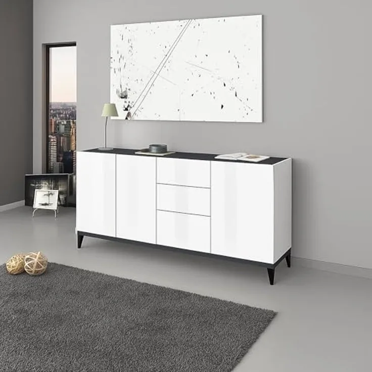Dmora Modernes Sideboard mit 3 Türen und 3 Schubladen, Made in Italy, erhöhtes Küchen-Sideboard, Wohnzimmer-Design-Buffet, cm 160x40h82, glänzendes Weiß und Schiefer
