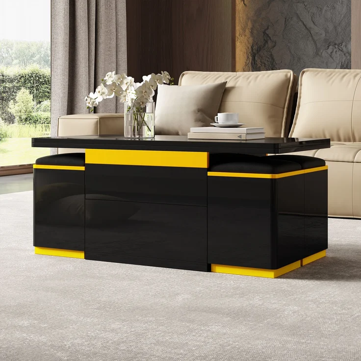 EINHOM Moderner Schwarzer Hochglanz-Couchtisch, Stilvoller Beistelltisch, Multifunktionaler, Höhenverstellbarer Couchtisch, Klappbarer Esstisch/Wohnzimmermöbel, 100 x 50 x 43 cm (L x B x H) – Bild 4