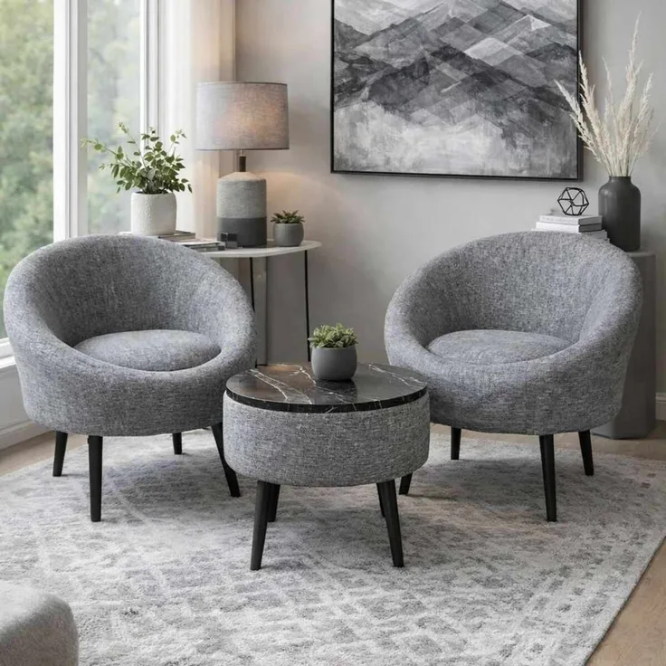 Hanah Home 'Lida Linen - Grey' Ohrensessel- und Couchtisch-Set (3-teilig), Grau, 75 x 100 x 42 cm