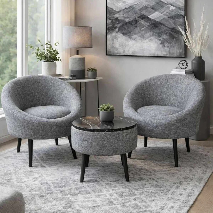 Hanah Home 'Lida Linen - Grey' Ohrensessel- und Couchtisch-Set (3-teilig), Grau, 75 x 100 x 42 cm – Bild 1
