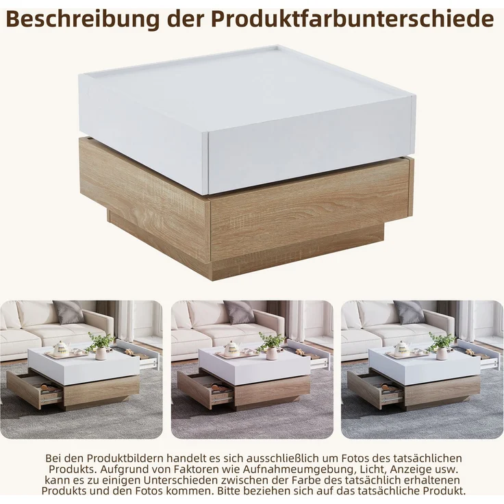 Merax Funktionaler Couchtisch für das Wohnzimmer, 360° drehbar, drehbare Tischplatte mit 2 Ablagen und Stauraum, Gestell Wohnzimmerbeistelltisch, 60*60*38 cm, weiß+walnuss – Bild 6
