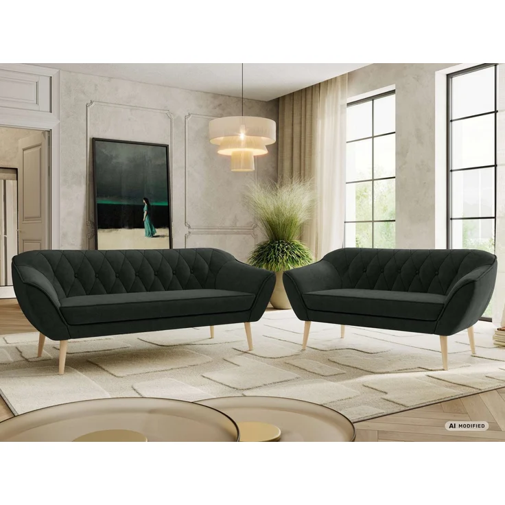 Skandinavisches Sofa Set PIRS 3-2, Komplettset, Wellenfederung, Buche Füße, Sitzgruppe, Polstermöbel Set - Dunkelgrau Stukture – Bild 1