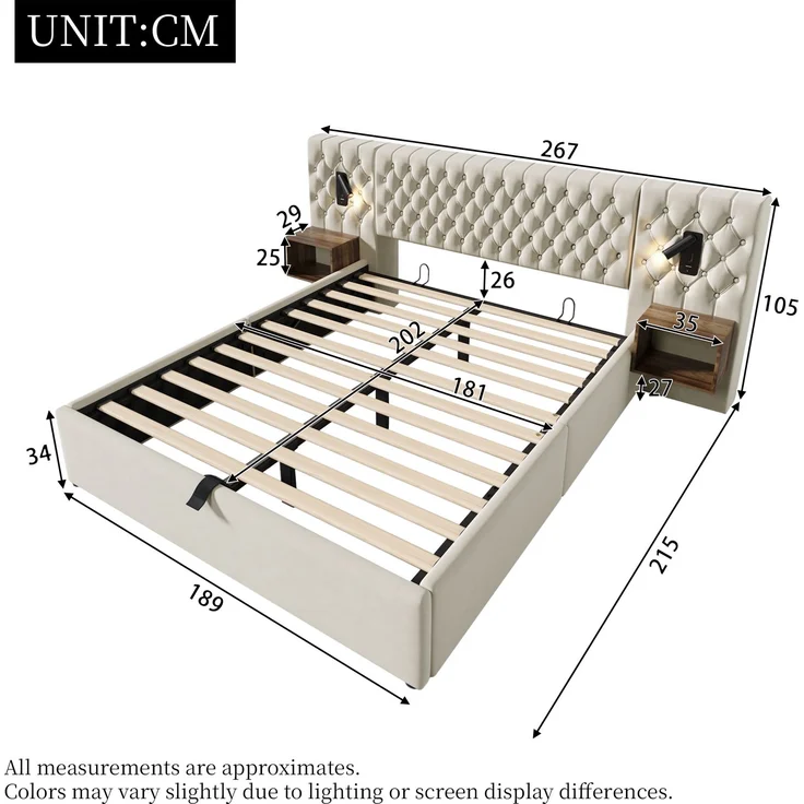 EINHOM Bettanlage Schlafzimmer Komplett Set, Polsterbett Hydraulisch Stauraumbett Doppelbett 180 x 200 cm mit 2 Nachttischen, Kopfteil Leselicht mit USB Ladefunktion, Beige, Samt (Ohne Matratze) – Bild 2