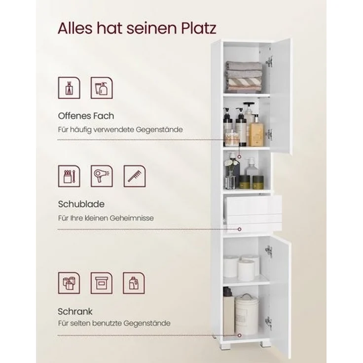 Vasagle Badkommode Badezimmerschrank mit einer Schublade, verstellbare Ablagen, 30 x 30 x 170 cm – Bild 3