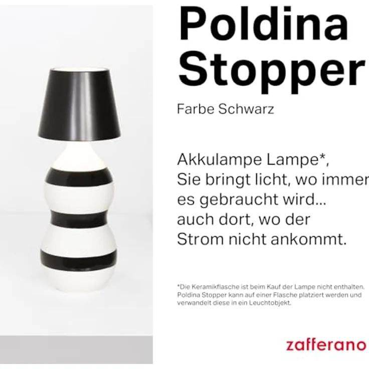 Zafferano, Poldina Stopper Lampe, Kabellose und Wiederaufladbare Flaschenlampe mit Touch Control, Geeignet für den Innen- und Außenbereich, Dimmer, 2200-3000 K, Höhe 11 cm, Farbe Schwarz – Bild 2
