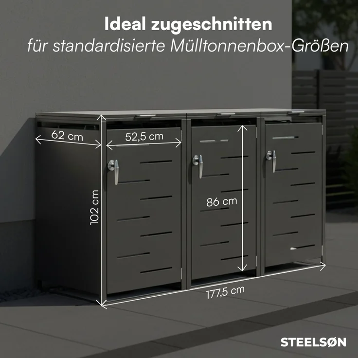 STEELSØN 'Diorus' Mülltonnenbox 3er je 120 Liter, graphitschwarz, Mülltonnenverkleidung aus Stahl mit Sichtstreifen, wetterfest, 102x62x177,5 cm, abschließbare Müllbox für 3 Tonnen – Bild 6