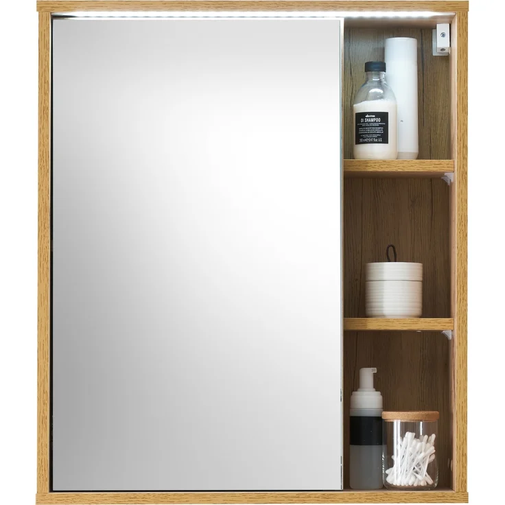 GREECE Spiegelschrank Bad mit LED-Beleuchtung in Wotan Eiche Optik - Badezimmerspiegel Schrank mit viel Stauraum - 60 x 70 x 20 cm (B/H/T) – Bild 2