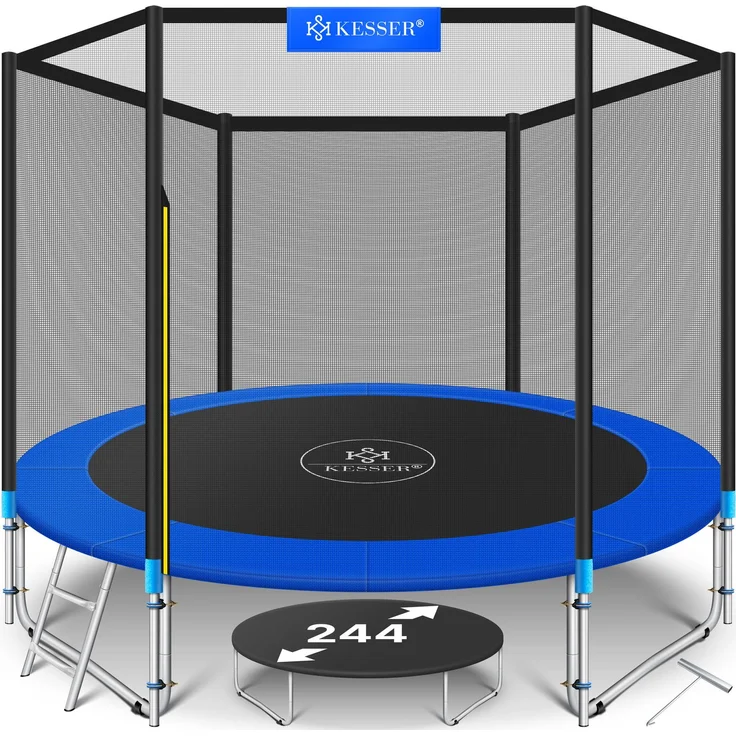 KESSER® - Trampolin | TÜV SÜD GS Zertifiziert | Komplettset mit Sicherheitsnetz, Leiter, Randabdeckung & Zubehör | Kindertrampolin Gartentrampolin Belastbarkeit 150 kg Blau, 244 cm – Bild 1