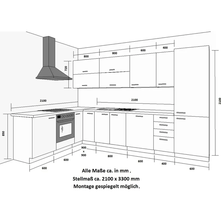 Küche Bianca Ecke IV 210x330 Küchenzeile Hochglanz Grau Weiss Küchenblock Grey – Bild 3