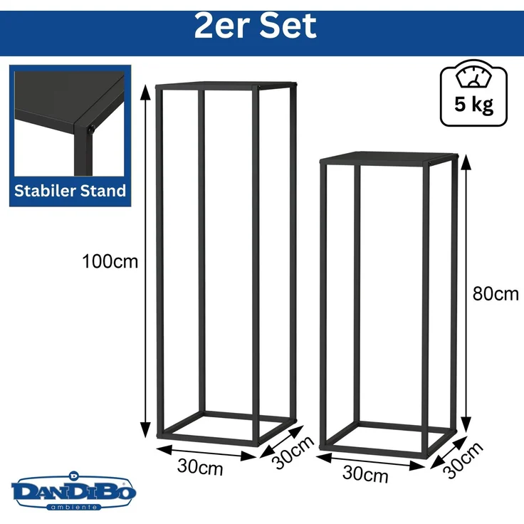 DanDiBo Pflanzenständer 96587 Metall 100 cm und 80 cm Schwarz Eckig 2er Set Beistelltisch Hoch Blumenhocker Blumenständer Modern Design – Bild 2