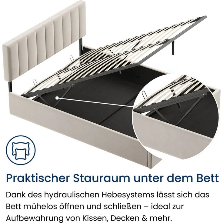 Home Collective Polsterbett mit Stauraum und Lattenrost Doppelbett Gepolstertes Bett (Verfügbare Größen: 140x200 und 160x200 cm), hydraulischer Bettkasten Kopfteil verstellbar samt Beige – Bild 3