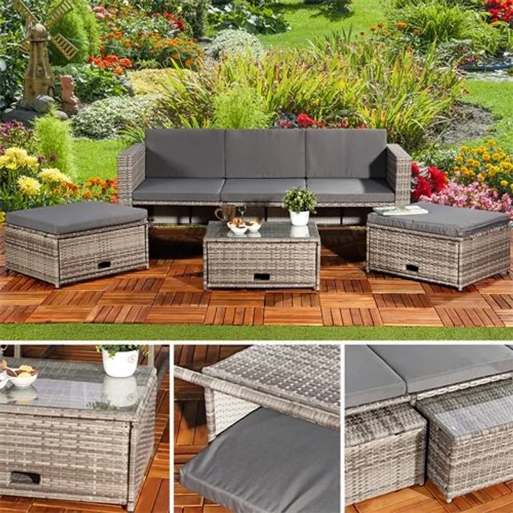 Gartenmöbel 6tlg. Grau Sitzgruppe Sofa Lounge Polyrattan Essgarnitur Sitzkissen – Bild 3
