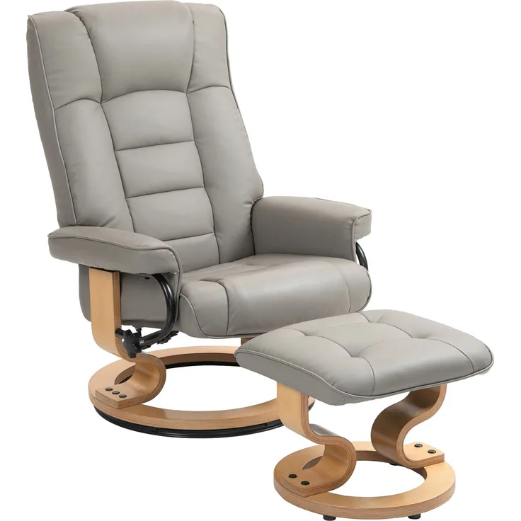 HOMCOM Relaxsessel mit Hocker, Kunstleder, Holz, Grau, 76L x 85B x 104H cm