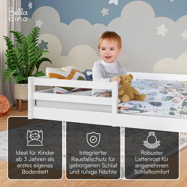 Bellabino Iskri Bodenbett 120x200 cm – Montessori Kinderbett mit Matratze, Rausfallschutz & Lattenrost – Holzbett für Jungen & Mädchen aus Kiefer Massivholz in Weiß – Kleinkindbett – Bild 4