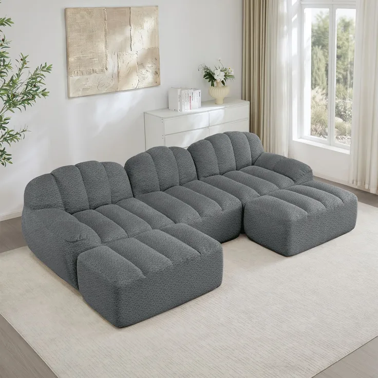 EINHOM 3-Sitzer U-förmiges Modulares Sofa mit 2 Ottomans, Boneless Sofa aus 32D Hochdichtschaum, tiefe Sitzfläche, ideal für Wohnzimmer, weicher Stoff, Grau