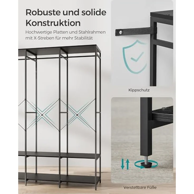 SONGMICS Kleiderschrank offen, Kleiderständer, Garderobenständer, Garderobe mit Kleiderstange, Ablagen, abnehmbare Haken, 40 x 141 x 180 cm, ebenholzschwarz RGR005B56 – Bild 6