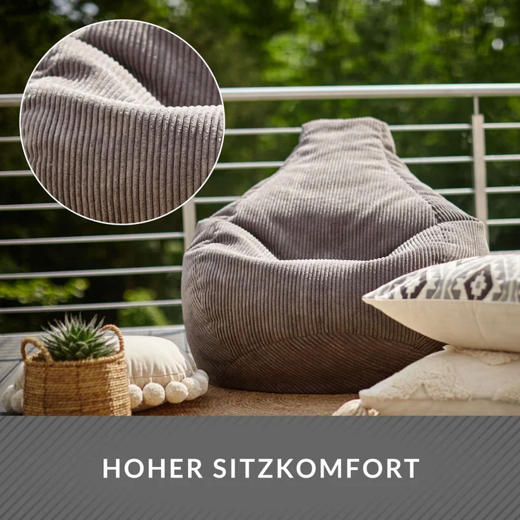 Green Bean® Sitzsack mit Rückenlehne 80x80x90cm - Gaming Chair mit 230L Füllung Cordstoff - Bean Bag Bodenkissen Lounge Sitzhocker Relax-Sessel Gamer Gamingstuhl Dunkelgrau – Bild 5