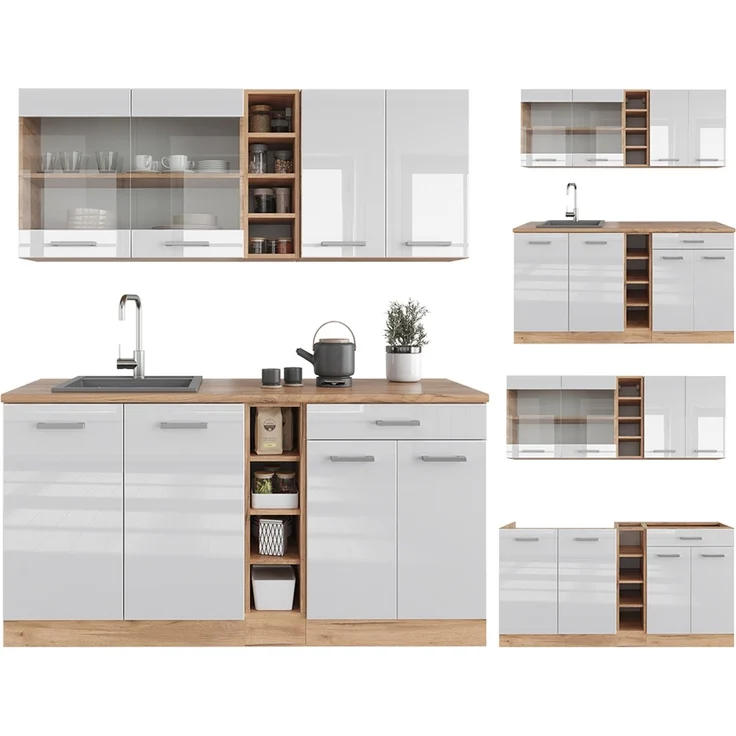 Singleküche R-Line Weiß Hochglanz/Goldkraft Eiche 160 cm , AP Marmor Vicco – Bild 6