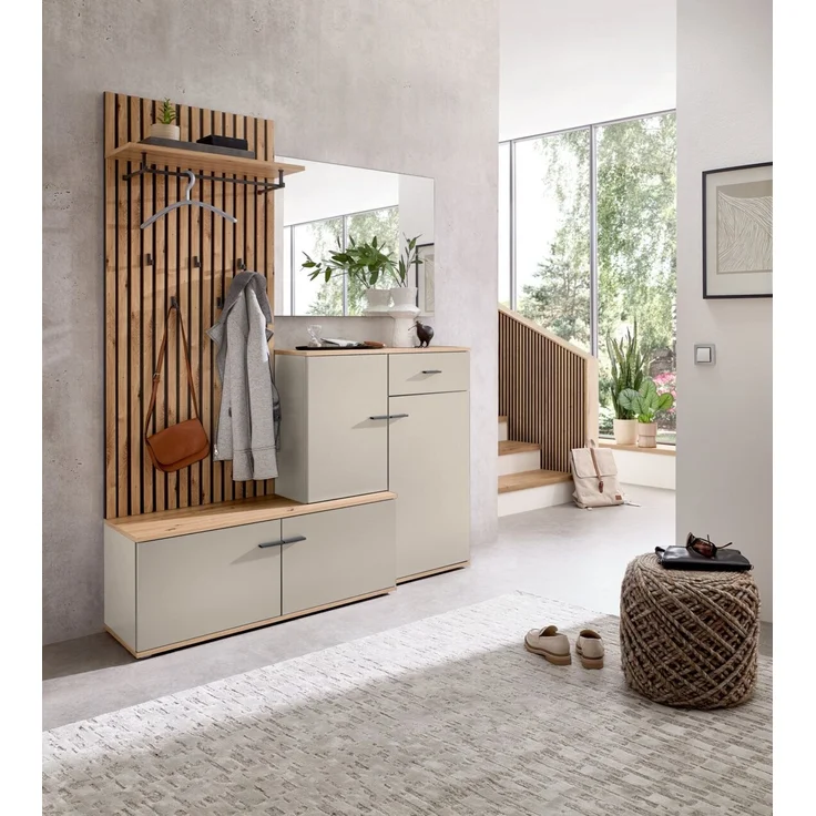 XORA 'FYNN' Garderoben-Set in Lamellen-Optik, Holznachbildung Kaschmir, 148 x 199 x 38 cm, mit Spiegel und Schublade – Bild 8