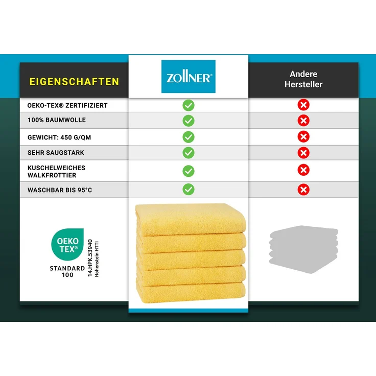 ZOLLNER 5er Set Duschtücher, 100% Baumwolle, 70x140 cm, sonne – Bild 5