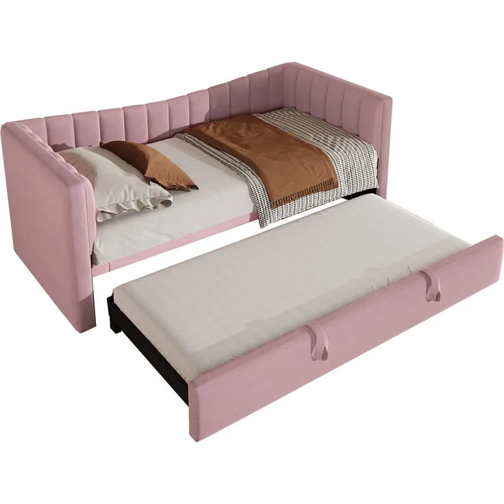 Polsterbett 90x200cm ausziehbar 180x200 cm,Samt Daybett mit ausziehbarem Rollbett, multifunktionales Gästebett in Rosa – Bild 9