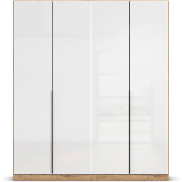 Rauch Möbel Alabama, Kleiderschrank, Garderobenschrank, 4-türig, Zubehör Classic, 2 Kleiderstangen, 5 Einlegeböden, Farbe Hochglanz Weiß/Eiche Artisan, Holz, Griff Grau metallic, 181 x 210 x 57 cm – Bild 8