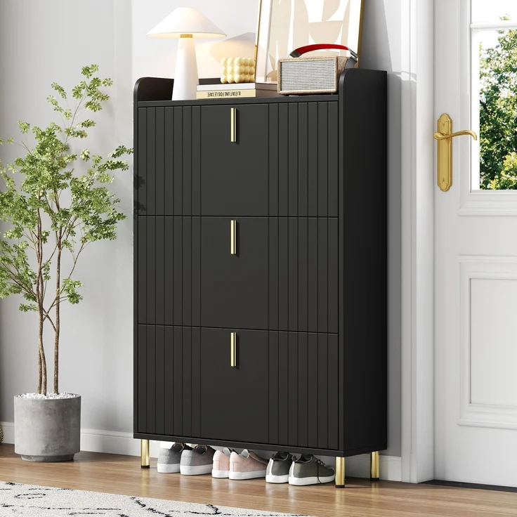 Schuhschrank 80x23x123,5 cm mattschwarz gold Metallfüße 3 Türen verstellbare Böden – Bild 5