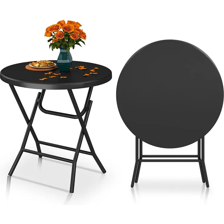 YITAHOME 80cm Gartentisch, Runder Klapptisch, Balkontisch Klappbar, Campingtisch Wetterfest für Outdoor Party Strand BBQ, mit Rostfreie Metallrahmen, 80 x 80 x 74 cm, Schwarz