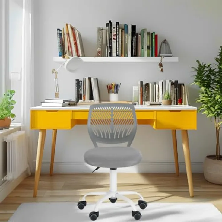 FurnitureR Bürostuhl für Teenager, Mädchen, 360° drehbar, niedrig, mittelgroß, PP-Mesh-Rückseite, Stoff, höhenverstellbar, Rollrolle, Stoff grau