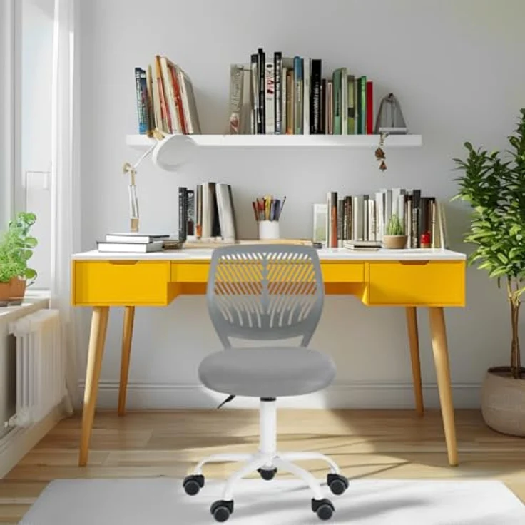 FurnitureR Bürostuhl für Teenager, Mädchen, 360° drehbar, niedrig, mittelgroß, PP-Mesh-Rückseite, Stoff, höhenverstellbar, Rollrolle, Stoff grau – Bild 1