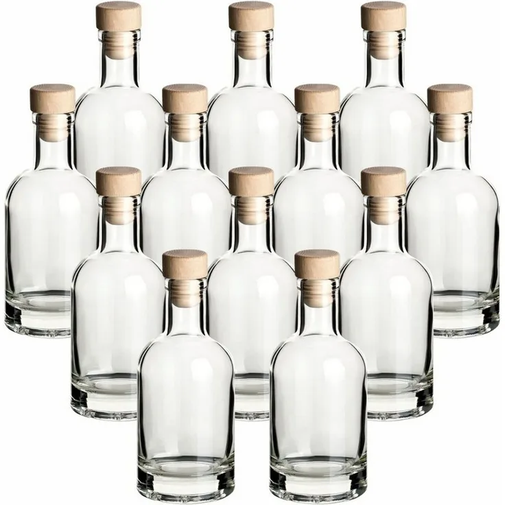 gouveo Trinkflasche Glasflaschen “Klassik” mit Korken - Runde Flasche aus Glas, 12er Set 500ml, transparent, Holzgriffkorken