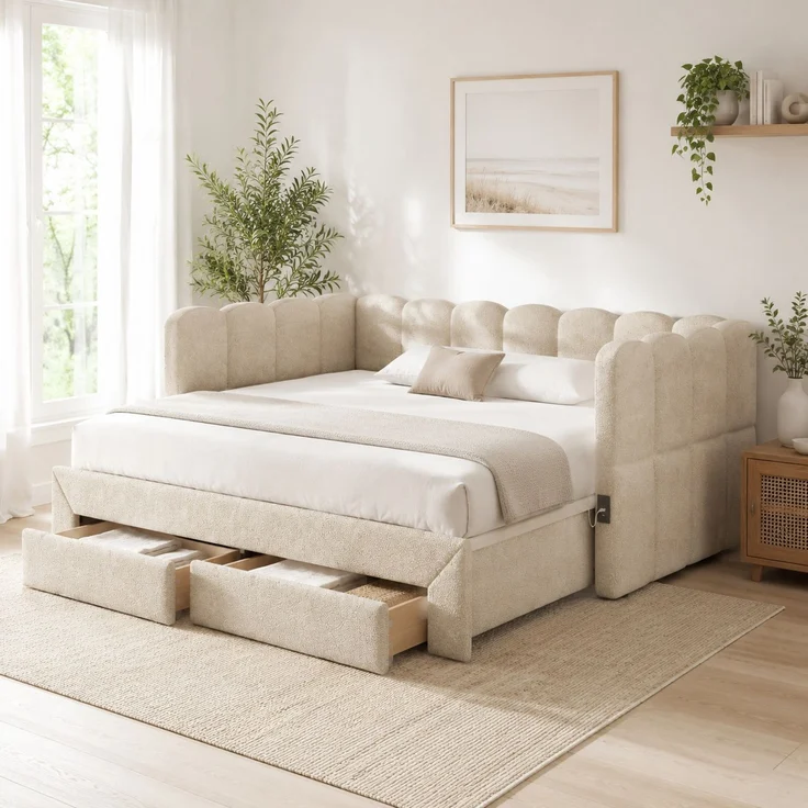 CHICFURN Bett aus Chenille Beige 90/180x190 cm ausziehbar mit 2 Schubladen und USB- und Type-C-Anschlüssen – Bild 1