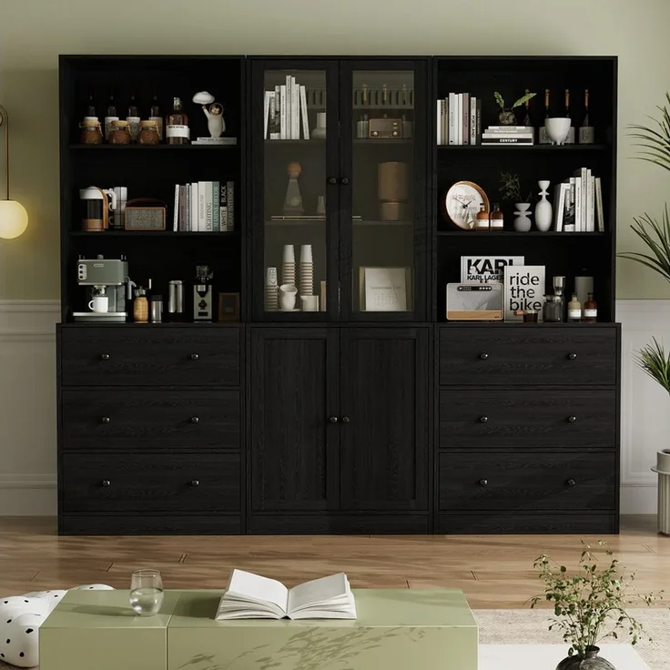 VOWNER Bücherregal 5-stöckiges Bücherregal mit Glastüren, 180 cm Vitrinenschrank, 3-tlg, multifunktionaler Küchenschrank Hochschrank & Buffetschrank