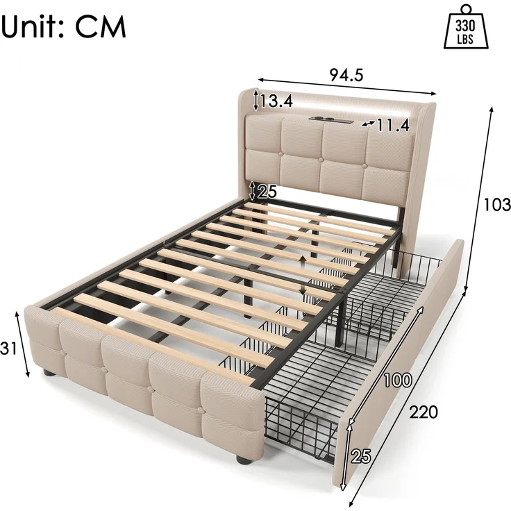 Einzelbett 90 × 200 cm mit Steckdosen,USB-Anschlüssen und LED-Beleuchtung,2 Schubladen,Leinenbezug in Beige – Bild 7