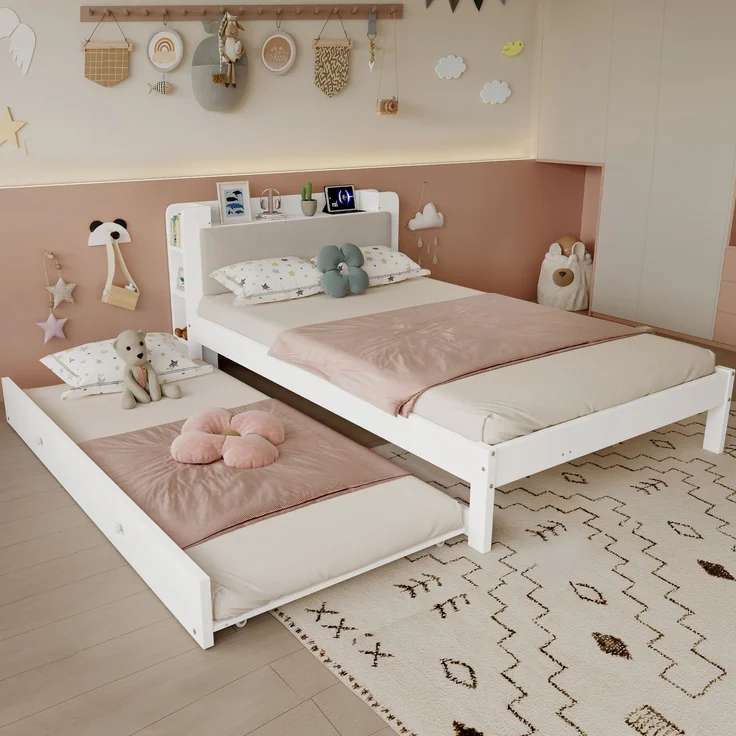 Funktionsbett 120x200 cm Weiß mit Ausziehbett 90x190 cm, Holzbett mit gepolstertem Kopfteil, Kopfteilregal, Ladestation und offenem Stauraum, platzsparendes Gästebett--Weiß--220x125x80cm--YOUDENOVA – Bild 5
