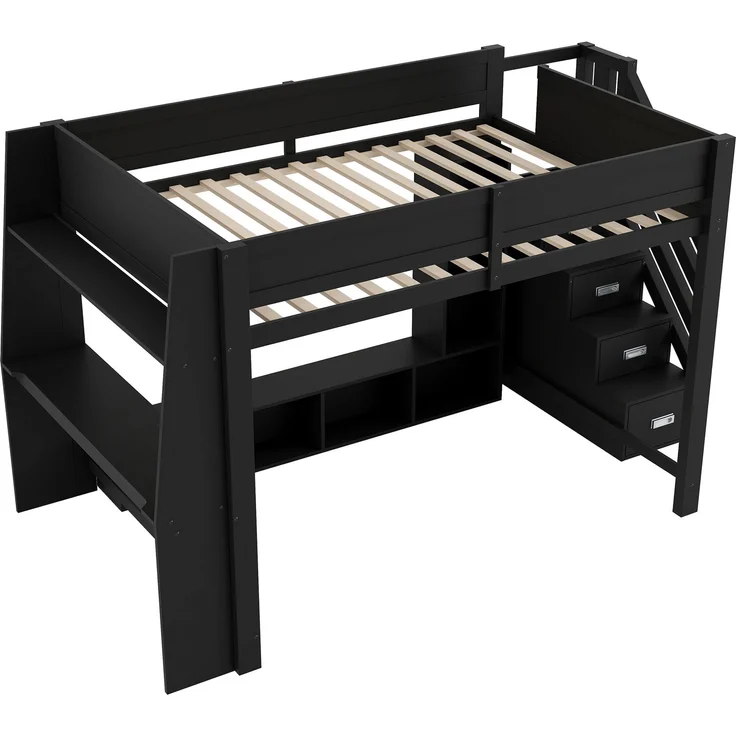 Hochbett 140x200 cm mit Schreibtisch, mehrstufigem Stauraum, LED-Beleuchtung und Stauraumtreppe, Schwarz – Bild 7