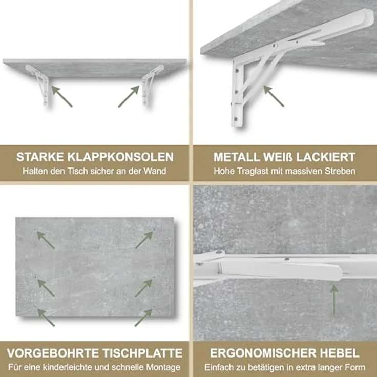 KDR Produktgestaltung Klapptisch 80x50 Wandklapptisch Esstisch Küchentisch Schreibtisch Wand Tisch, Beton – Bild 5