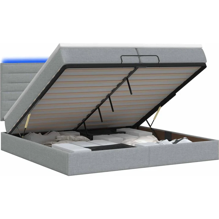 vidaXL Ottoman-Bett mit Matratze und LED Hellgrau 200 x 200 cm Stoff 3458014 – Bild 2