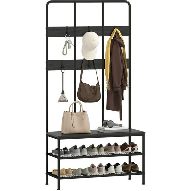 HOMCOM Garderobenständer mit Schuhbank, Garderobe mit 6 Haken, (Jackenständer, 1 St, Garderobe), für Eingangsbereich, Flur, Schlafzimmer, Schwarz – Bild 4
