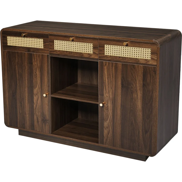 Abrihome Sideboard mit Rattan, Goldgriffen und offenem Regal, Braun, 85x40x120 cm – Bild 6