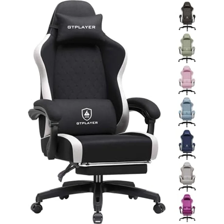 GTPLAYER Gaming Stuhl Ergonomischer, PC Stuhl Atmungsaktiver Stoff, Groß und Hoch Drehbarer Schreibtischstuhl mit Fußstütze,Verstellbare Lendenwirbelstütze und Kopfstütze,Schwarz – Bild 1
