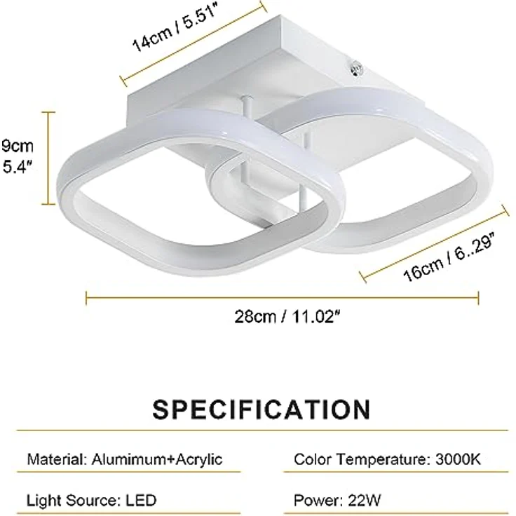 Goeco LED Deckenleuchte Innen Deckenlampen Flur, 22W 28 CM Quadratische Deckenlampe LED Innen 3000K Warmweißes Licht, Kreativ Lampen Deckenbeleuchtung für Schlafzimmer, Wohnzimmer, Küche, Weiß – Bild 4