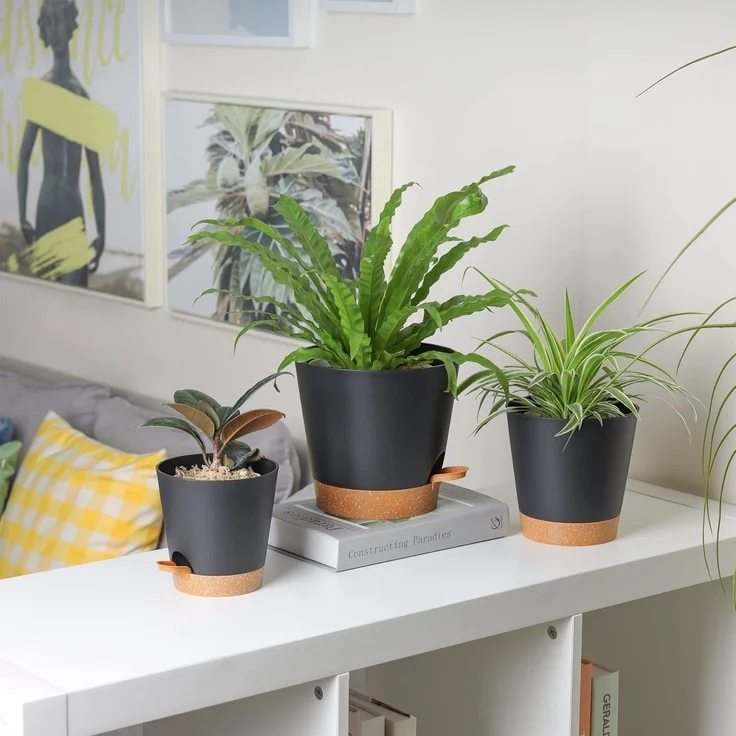 T4U 20cm Kunststoff Blumentopf Selbstbewässerung 3er-Set Schwarz – Bild 8