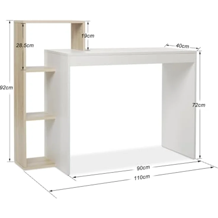 Mondeer Kleiner Schreibtisch, Moderner Computertisch mit 3-stöckiges Regal, Platzsparend, 110 x 40 x 92 cm, Geeignet für Heimbüro Arbeitszimmer Kleiner Platz, Weiß und Eichefarben – Bild 4