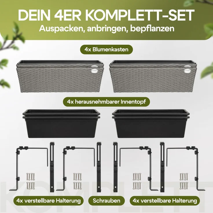 4er Set Balkonkasten Polyrattan grau – Bild 4