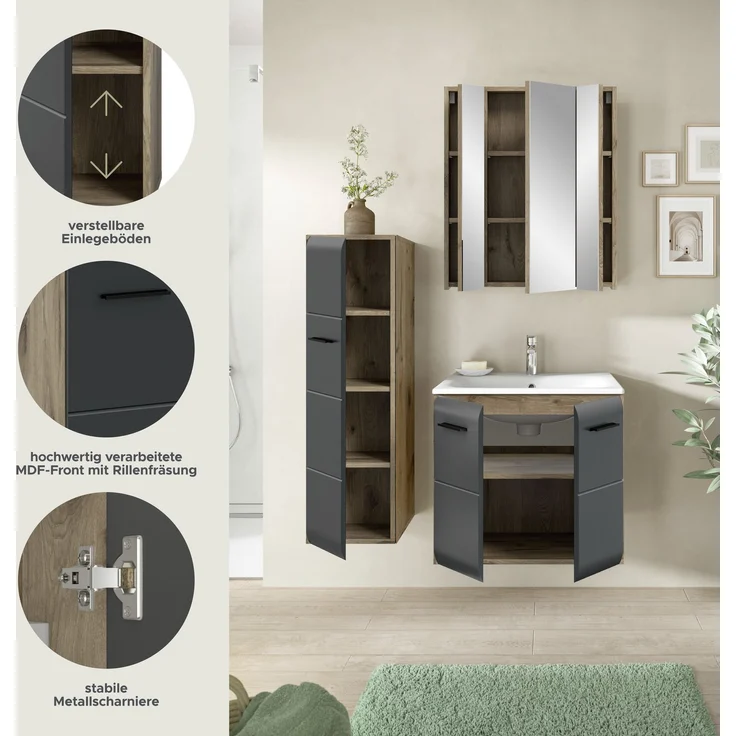 Badkombination (B/H/T: 105x185x46 cm) in schwarz matt und Nox Oak Nachbildung – Bild 7